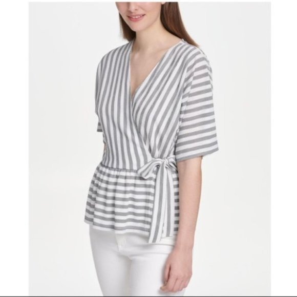 DKNY Striped V Neck Faux Wrap Top sz L - Picture 1 of 11